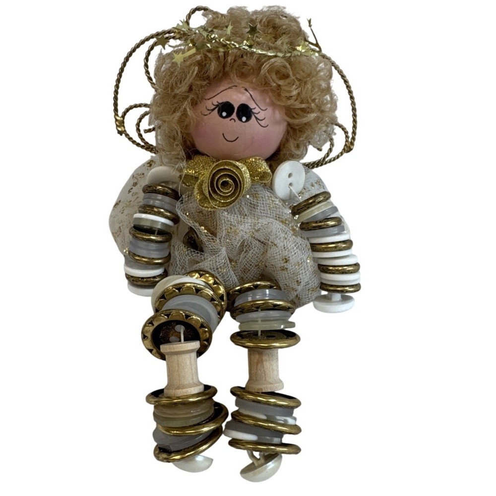 Spool Doll Button Wooden Angel Gold‎ Glitter Country Curly Blonde Hair